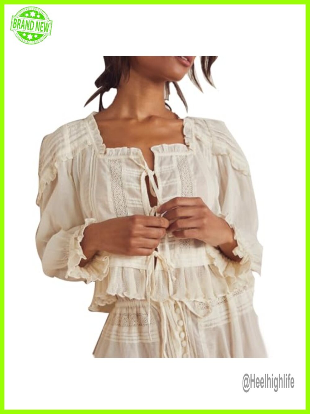 Women Cotton Lace Trim Puff Sleeve Tie Front Button Down Peplum Blouse